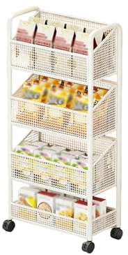 Dexinhdh Espositore Per Snack Con Ruote, Espositore Per Cestini Portafrutta E Verdura, Design Con Cestello In Rete A Copertura Totale, Espositore Per Snack Da Scaffale(White,4-layer)