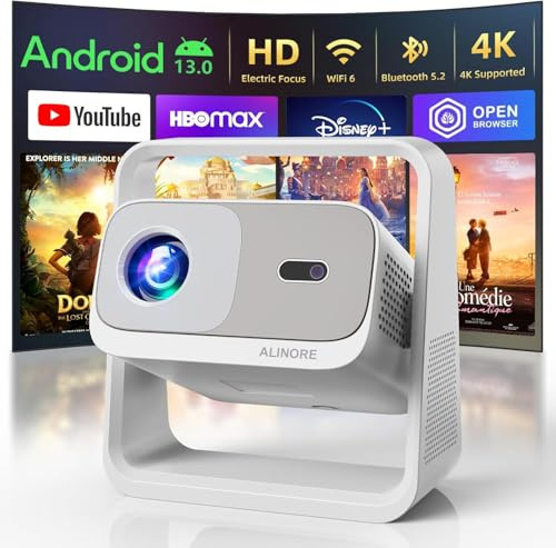 ALINORE Smart Projector with WiFi and Bluetooth, Built-in Apps, Electric Focus & Auto Keystone Portable Outdoor Projecor, Native 1080P Projector 4K Support, Movie Projector for Home Theater, White
