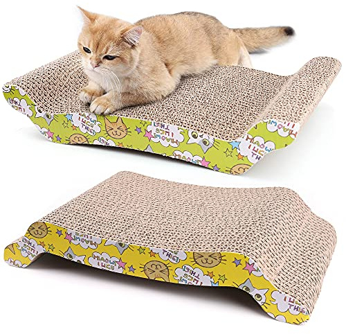 PrimePets Cat Scratcher Lounge 2-Pack, Reversible Wave Cat Scratch Pad for Scratching, Sleeping & Playing, Durable Corrugated Cardboard Cat Bed for Kittens & Small Cats, Includes Catnip