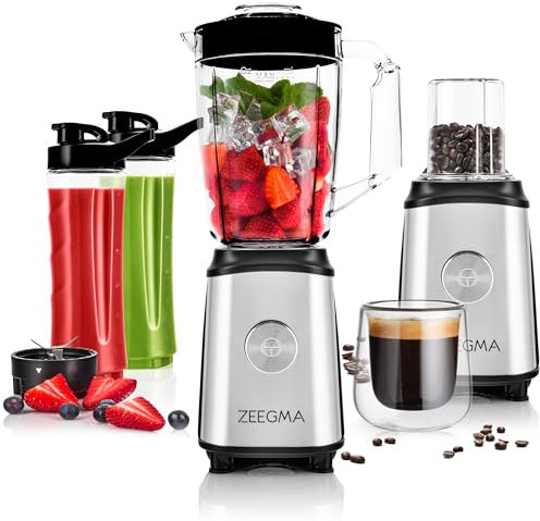 ZEEGMA Vitamine Batidora Multifunción 4 en 1 1050 W (350W potencia nominal) con Jarra 1 L, Safe Lock, Molinillo de Café, Cuchillas Cruzadas, 2 Juegos de Cuchillas, 2 Botellas 600ml