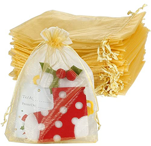 YQL 100 Stück Gold Organzasäckchen 13X18cm, Schmucksäckchen mit Kordelzug, Säckchen zum Befüllen für Süßigkeiten, Schokoladentaler, Kosmetik, Hochzeit, Jubiläen, Geburtstag, Weihnachten, Party