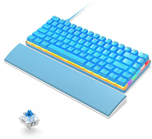 Mechanische Gaming-Tastatur mit Handballenauflage, USB Verkabelt 82 Tasten Rainbow Backlight Anti-Ghosting Blauer Schalter Ergonomische Designtastatur, Komfortable Memory Foam Handauflage, Blau