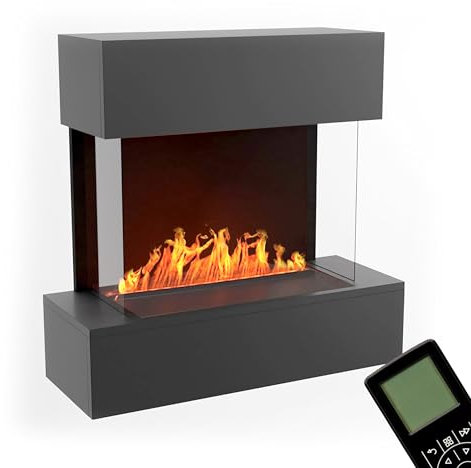 GLOW FIRE Cheminée Murale à Vapeur d'eau HÖLDERLIN - Cheminée électrique Murale avec Flammes 3D LED réalistes, Effet crépitant, télécommande, 80x78x37 cm, Opti-Myst 500, Gris