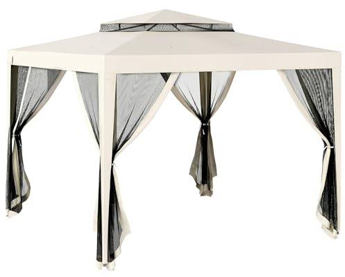 Outsunny Carpa de Jardín 3x3 m Cenador Desmontable de Exterior Gazebo con 4 Mosquiteras Laterales Techo Doble y Marco Metálico Anti-UV Impermeable Pabellón para Terraza Patio Crema
