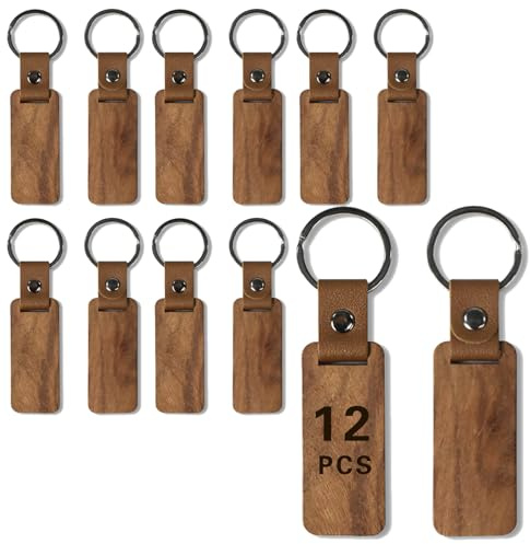 JVHLOV 12 Pcs Wooden Key Chain, Personalized Wooden Key Tag Keychain, Wood Engraving Blanks Key Chain, for DIY Gift Craft Supplies
