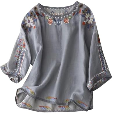 HAOLEI Maglietta Donna Estiva Lino Maglietta a Maniche 3/4 con Girocollo Camicia Camicetta Elegante Estiva Classico Stampa Ricamo Top Estate e Traspirante T Shirt 2024 Abbigliamento Donna Offerte