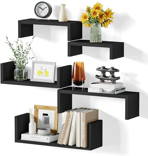 SRIWATANA Mensole da Muro Nere 5 Pezzi, Libreria in Legno, Mensole Galleggianti, Decorazione da Parete, Design Adatto a Soggiorno, Bagno, Camera da Letto, Ufficio