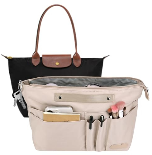 GADITIEK Organisateur Sac Main, Organiseur Sac Polyester pour Longchamp, Multi Poches, Bag Organizer Fermeture Éclair Femmes (Beige)