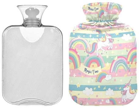 Wärmflasche mit süßem Bezug, 1L Winter Wärmbeutel für Menstruationskrämpfe, Nacken, Schulter, Rückenschmerzen, Betthandfußwärmer, niedliche Einhörner und Regenbogen