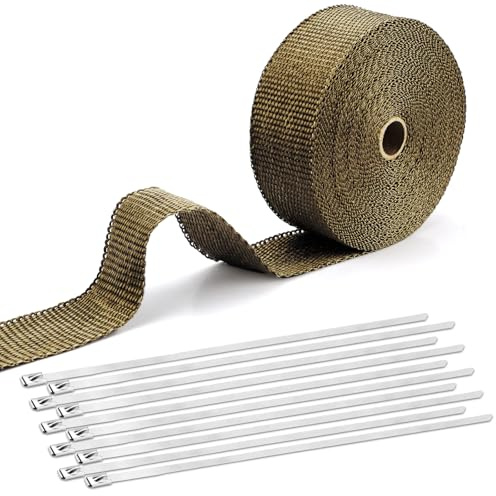 Benda Termica per Scarico Marmitta 6M Bende Termiche Moto Nastro Termico Protezione Calore Scarico Fatto di Fibre di Basalto con 10 Fascette Metalliche per Collettori Automobile (Marrone Oro)