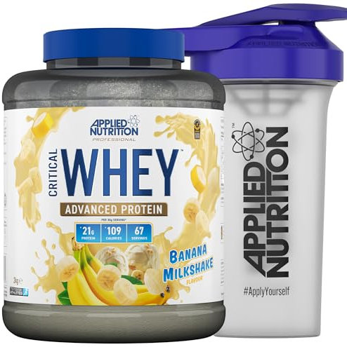 Applied Nutrition Critical Whey Protein Powder 2kg + Plastic Shaker - High Protein Powder, Muscle Building Supplement with BCAAs & Glutamine (2kg - 61 Servings) (Banana Milkshake)