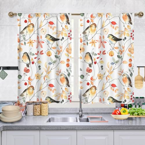 Highdi Lot de 2 Rideaux Cuisine, Courts Rideau Cuisine Rideau sous Evier, Petites Fenêtres Voilage Fenetre avec œillets pour Bistrot, Salon, Maison de Campagne (Oiseau,70x50cm)