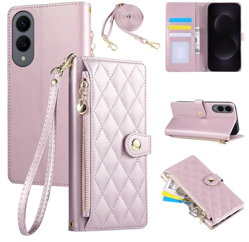 Rosbtib Étui pour Samsung Galaxy S25 Edge 5G 2025 6.66 Pouces, Coque pour téléphone Portable en Cuir PU avec Broderie en Losange, Galaxy S25 Edge Étui à Rabat avec dragonne et bandoulière, Rose