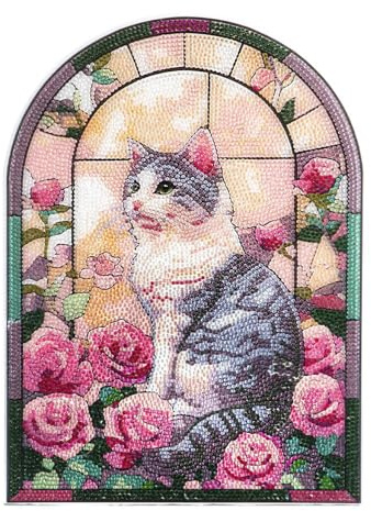 Ideen mit Herz Diamond-Painting-fönsterbild | Glaskonstutseende | dekoration och gör-det-själv | material: PET (katt med rosor)