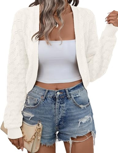 Kistore Womens Cardigan for Dress Lightweight Open Front Cropped Sweater Winter Casual Loose Long Sleeve Knit Jacket White S