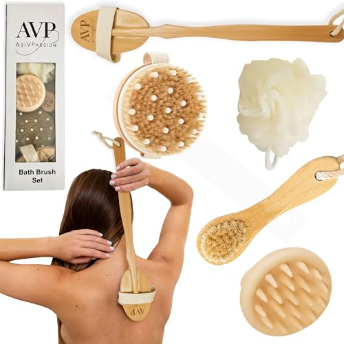 AsiVPassion Ensemble de Brosses Corps à Sec 5 en 1 | Brosse à dos à longue poignée,Brosse à sec pour le corps pour rajeunir la peau, Brosse Corps a Sec,Exfoliant bio et brosse de massage