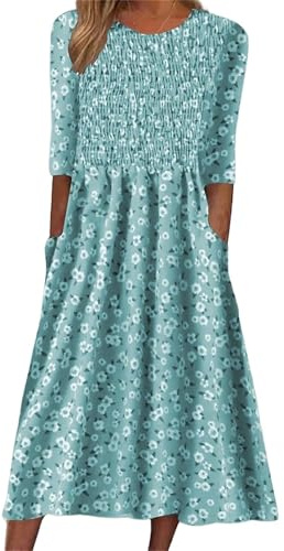 Dam elastisk rynkad blommig tryck midi-klänning, sommar kortärmad rund hals klänningar med fickor för semester boho-klänningar, BLÅ, S