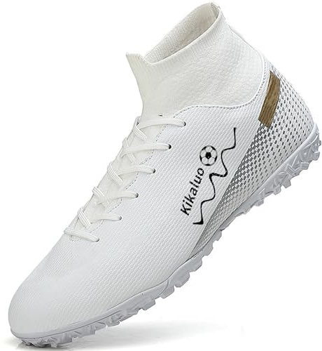 Kikaluo Men's Soccer Shoes Indoor Turf Cleats High-Tops Lace-Up Non-Slip Spikes Futsal Football Boots White EU 40