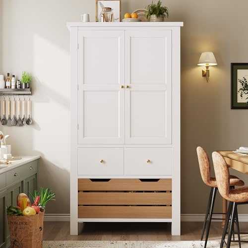 Wiuzo Küchenschrank (80x40x140cm), hohes Küchenbuffet, Mehrzweckbuffet, Snackschrank, Aufbewahrungsmöbel mit Zwei Türen und fünf Schubladen (weiß)