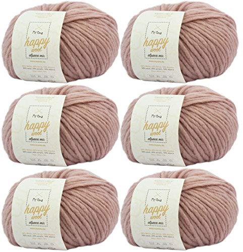 Alpakawolle stricken -6x Happy Wool alpaca mix puder (Fb 67)- 6 Knäuel Wolle rosa + GRATIS Label - Wolle mit Alpaka - 50g/80m - Nadelstärke 7-8mm - Wolle zum Häkeln - rosa Wolle