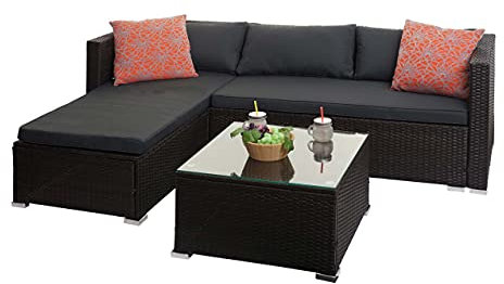 Mendler Poly-Rattan Garnitur HWC-F57, Balkon-/Garten-/Lounge-Set Sofa Sitzgruppe - braun, Kissen dunkelgrau mit Deko-Kissen