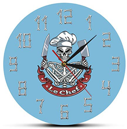 xinxin Wall Clock Le Chef Skull Cook Modern Wall Clock Watch Skeleton With Chef Hat Knife Cleaver French Restaurant Kitchen Decor Funny Chef Gift