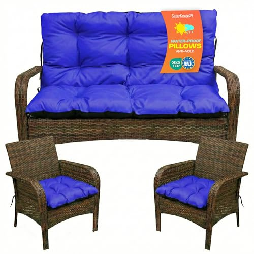 SuperKissen24. Sitzkissen Bankkissen Bankauflage - 180x50 cm und Rückenlehne 180x60 cm mit 2er 45x45 cm Stuhlkissen Set - Outdoor und Indoor - Blau