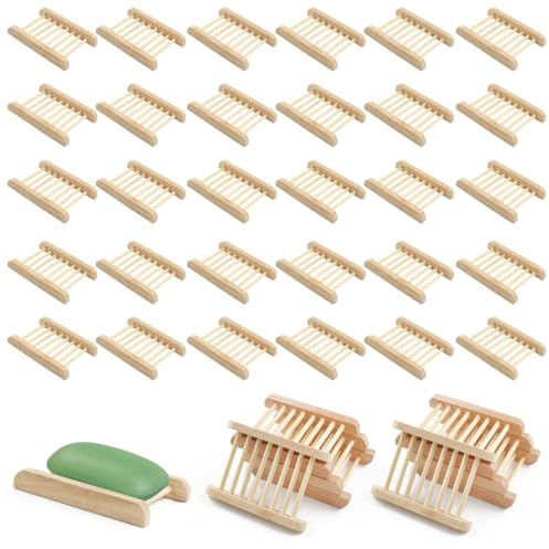 30 Pack Bamboo Soap Holders Wooden Soap Dishes, Self Draining Soap Dishes Bar Soap Holder Tray Wooden Soap Savers, Hand Craft Wood Soap Tray for Bathroom, Shower, Kitchen(Wood Color)
