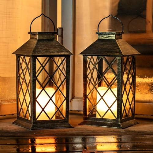 Homemory Solar Lanterns Outdoor Waterproof Hanging with Flickering Flameless Candles, 2 Pack Garden Outdoor Lantern Decorative for Patio Front Porch Backyard Balcony Cabin Outside (Bronze)