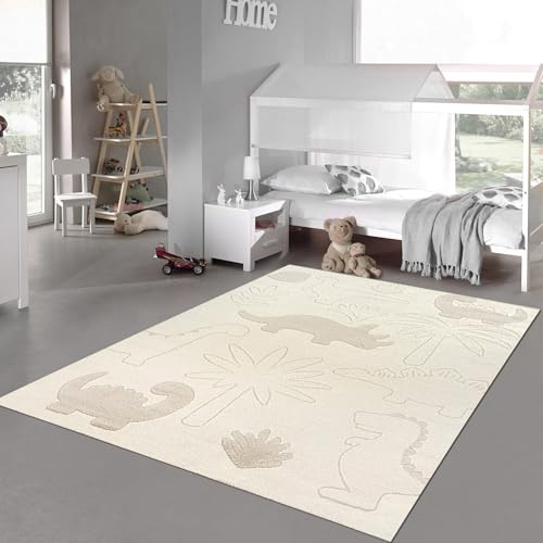 Teppich-Traum Teppich Kinderzimmer Spielzimmer Läufer Brücke Dino Tiermuster Pflanzenmuster kurzflor strapazierfähig Allergiker geeignet weich in Creme, 80 x 150 cm