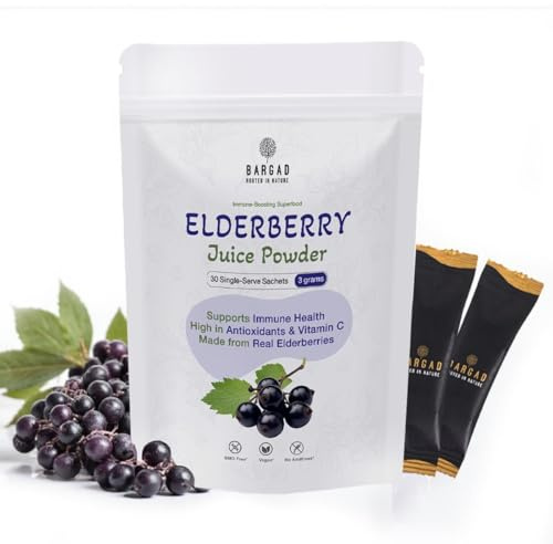 Bargad Elderberry Juice Powder Supports Healthy Immune System, Natural & Vegan Pure Sambucus Nigra Extract Non-GMO, Gluten-Free No Sugar Added Convenient Travel 30 sachets 1 Count (Pack of 30)
