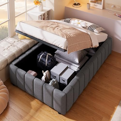 Merax Polsterbett 90x200 mit Stauraum, Modernes Einzelbett im Minimalistischen Design - Ohne Kopfteil, Bettgestell mit Lattenrost - Hydraulisch Stauraumbett, Grau, Ohne Matratze