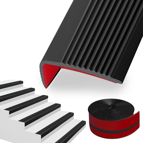 SDLDEER 5 Meters Stair Nosing Edge Trim, 50 x 25 MM L-Shape Peel and Stick Stair Treads Self-Adhesive Staircase Step Edge Protector Flexible Rubber Edging Strip for Outdoor Indoor Floors, Black