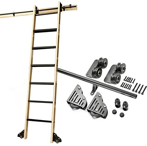 3.3Ft 20Ft Rolling Ladder Hardware Kit Sliding Ladder Track with Floor Rollers for Home Indoor Loft Library Mobile Round Tube Ladder System (16Ft/500Cm & 20Ft/600Cm Options)