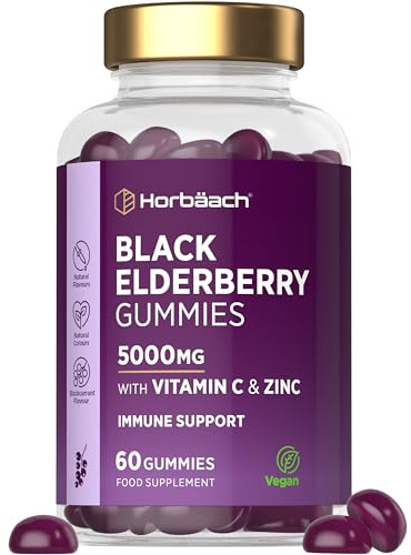 Black Elderberry Gummies 5000mg with Vitamin C & Zinc | High Strength Elderberry Fruit Extract | 60 Vegan Blackcurrant Flavoured Gummies | Suitable for Men & Women | Tablet Alternative | by Horbaach