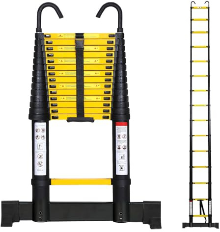 Cecaylie Teleskopstege i aluminium, 4,4 m, utdragbar stege med stabilisator och avtagbar krok, halkfri aluminiumledare stående stege, multifunktionsstege, 150 kg lastkapacitet, svart-gul