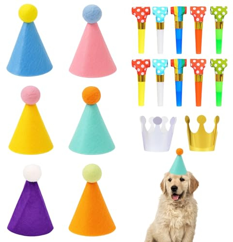 AevYxq Partyhüte für Kuscheltiere, Mini Partyhüte für Kindergeburtstag, 18-teiliges Set mit 6 Hüten, 10 Blasinstrumenten und 2 Kronen, Ideal für Geburtstagsfeiern und Foto-Props