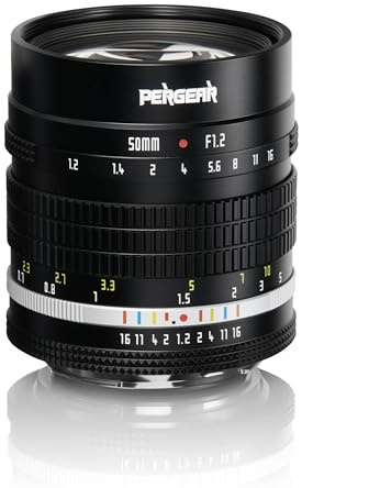 Pergear 50 mm F1.2 APS-C obiettivo a messa a fuoco manuale per fotocamera M43, Luminous Edition F1.2, ampia apertura focale equivalente 75 mm, sistema di apertura DeClick, design compatto retrò (nero)