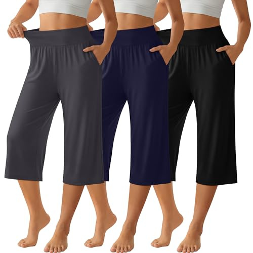 Neer Paquete de 3 Pantalones Capri para Mujer | Pierna ancha, cintura alta, holgada, hasta el tobillo, verano, ropa de salón, con bolsillo