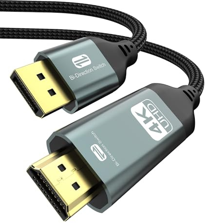 Cable HDMI bidireccional 4K a Displayport (4K a 60Hz/2K a 120Hz) adaptador macho a macho, puerto de visualización bidireccional a cable trenzado HDMI, DP a HDMI compatible con AMD, NVIDIA