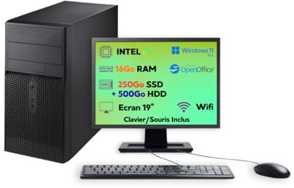 PC Bureau Complet Reconditionné – Intel Core i3 | 16 Go RAM | SSD 250 Go + HDD 500 Go | Windows 11 Pro | Écran 19’’ + Clavier & Souris – Prêt à l’Emploi (Reconditionné) (Ecran 19, Intel I3)