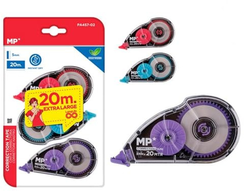 MP 3 stycken korrigeringsrullar, mus, 20 m x 5 mm korrigeringsmus, exakt, omedelbart skrivbart korrigeringsband för kontor, hemmakontor eller skola, kompakt