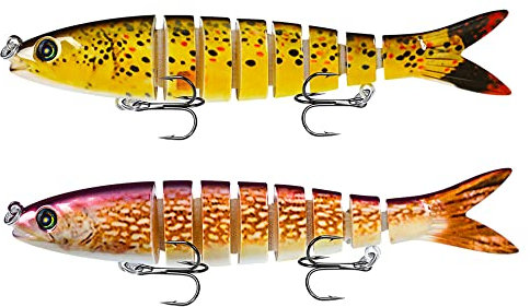 CAM2 Kunstköder Köder 2 Stück Multi Gelenkartigen Wobbler hecht köder Swimbait Jerkbait Bass Köder Angelgerät zum Angeln auf Raubfische mit 2 Drillingshaken Gummifische (Rot Gelb)