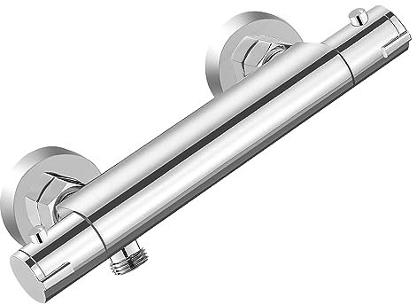 OUGOO Thermostatic Shower Mixer Bar, Thermostatic Shower Valve with 1 Left Outlet, 38°C Anti Scald, Wall-Mounted Bath Taps, Hot Cold Water Intelligent Constant Temperature, Brass, Chrome