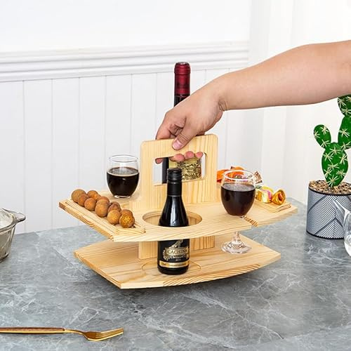Portable Outdoor Countertop Bottle Holder and Glass Hanger, Detachable Fruit Table Wine Glasses Holder, Wooden Picnic Table Small, for Garden, Outdoor, Camping, Picnic, Beach