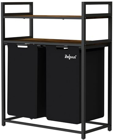 Zelsius Wäschesammler 2 Fächer | Schwarz, 73 x 33 x 91 cm | Wäschekorb mit Ablagen, Schmutzwäschebehälter mit Wäschebeutel | Wäschesortierer, Wäschebox, Wäschesack | Wäschesystem, Waschkorb
