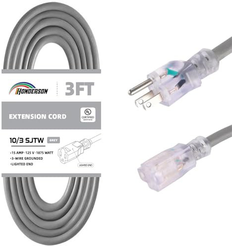 HONDERSON Grey 10/3 Gauge 10 Gauge SJTW Waterproof Extension Cable with Illuminated Indicator End, 3 Pin Earth Plug for Safety,