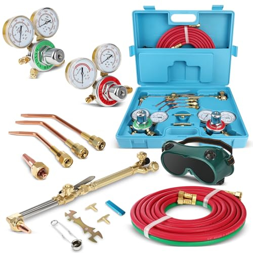 Kit torche à oxygène acétylène - Kit de brasage - Kit de soudage au gaz avec régulateur, jauges, lunettes, deux tuyaux et étui bleu - Soudure portable à l'acétylène