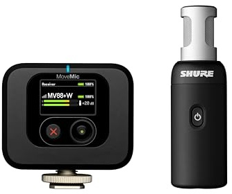 Shure MoveMic 88+ - Kit de video de micrófono inalámbrico - Grabadora de audio profesional para entrevistas de grabación de película/campo, micrófono estéreo 4 patrones polares | Compatible con iOS