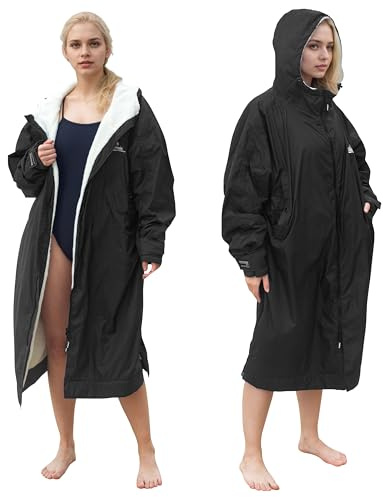 Catalonia Classy vattentät badrock för kvinnor och män, vindtät surfponcho med sherpafoder, värmerock simning triathlon surfing utomhussport, svart, L-XL